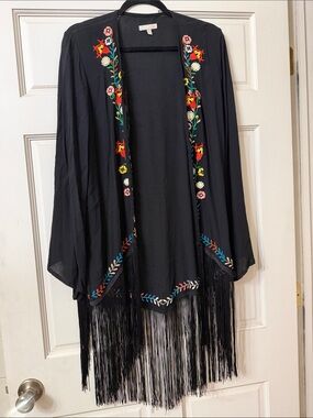 GB girls Black Embroidered Fringe Open-Front Kimono